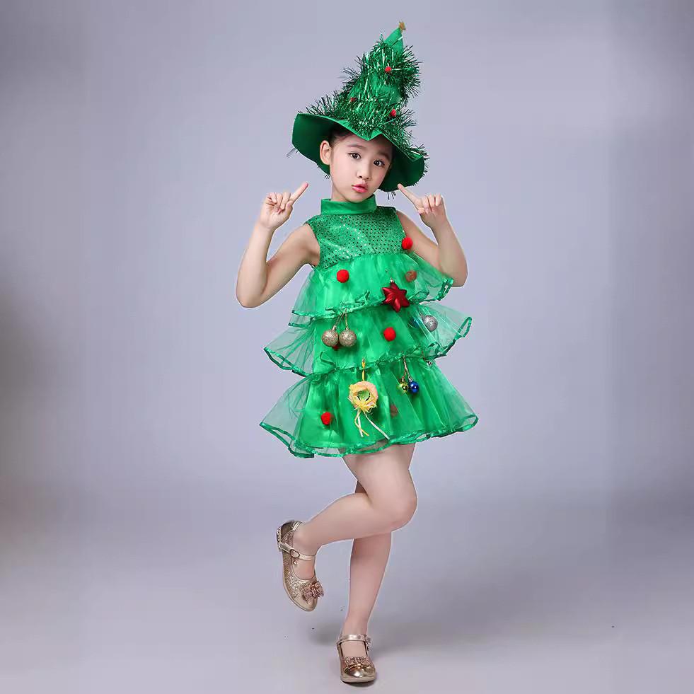 Kids Girls Xmas Green Elf Christmas Tree Dress Hat Sets Children New Year Cosplay Costumes Kindergarten Performance Role Play Outfit