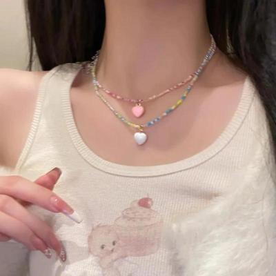 Vintage Sweet Pink Heart Pendant Earrings Freshwater Pearl Contrast Earring Korean Design Candy Color Heart Beaded Necklace