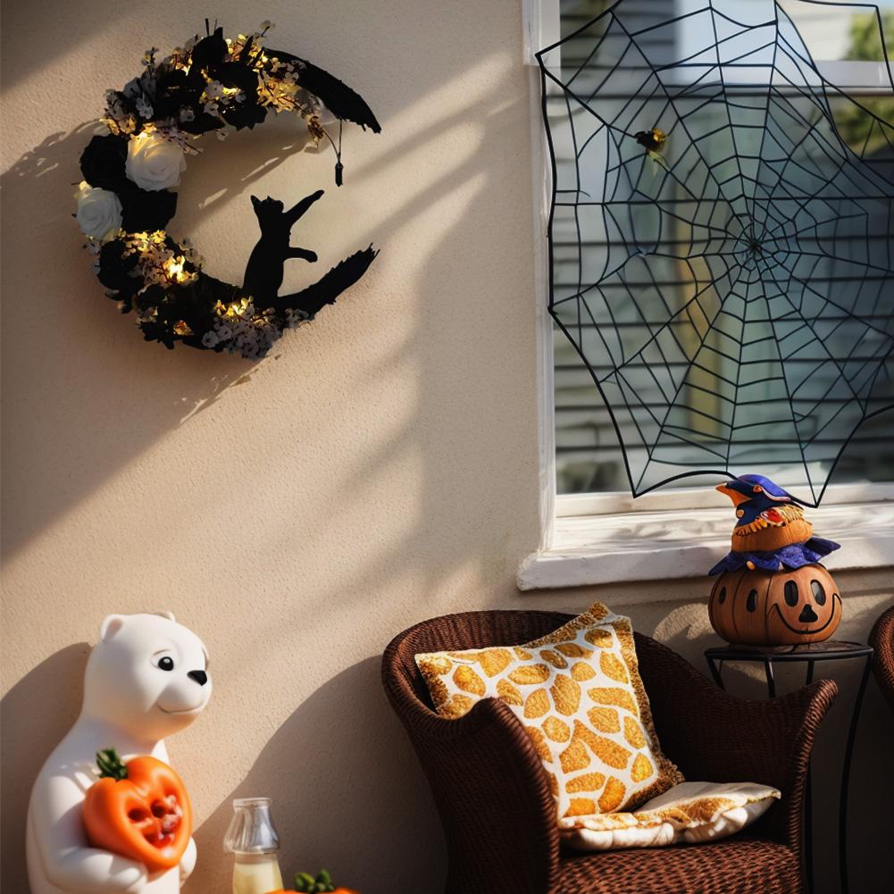Gothic Wreath Decoration with Lights Halloween Moon Cat Wreaths Halloween Door Wreath for Home Party Window Wall Indoor Outdoor