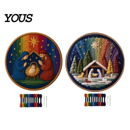 Polyester Embroidery Fabric Nativity DIY Kit, Manger Scene Hand Patterns Christian Needlepoint Craft Kit for Beginners, Religious Home Decoration