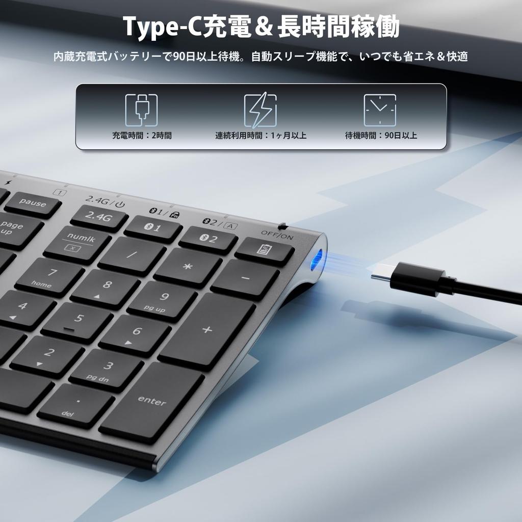 IClever DK03 Kombi-Tastatur- und Maussatz, Kabellos Bluetooth & 2,4G, JIS Japanisches Layout, Full-Size mit Ziffernblock, 4-stufig einstellbare DPI, Leise