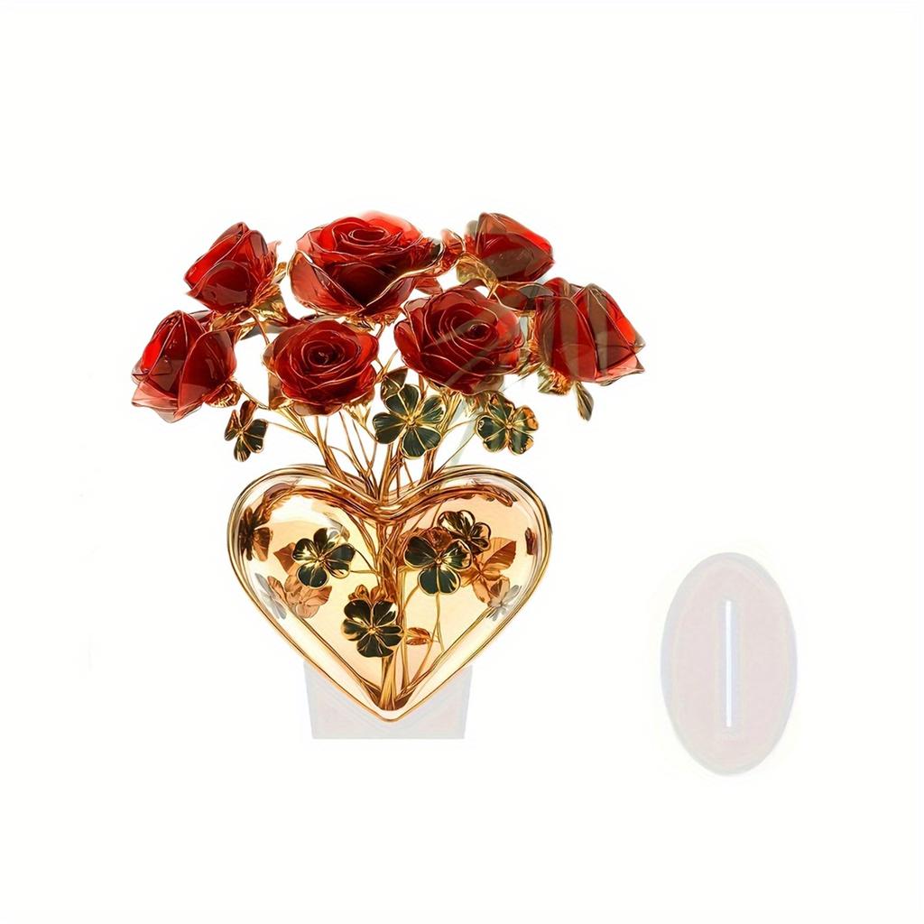 Valentine's Day Red Rose Heart-Shaped Wedding Decoration - 2D Fat Acrylic Tabletop Centerpiece with Golden Leaves & Stems, Battery-Free Home Decor