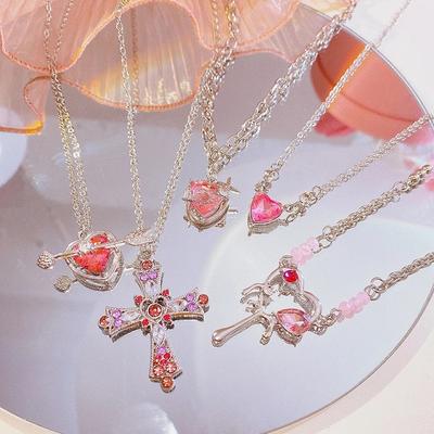 Halskette Schmuck Mode Pfirsich Herz Wasser Tropfen Anhänger Halskette Rosa Kristall Egirl Süße Coole Y2K Schlüsselbein Kette Großhandel