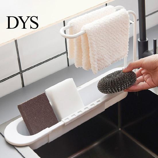 Detachable Towel Hanging Rod Retractable Kitchen Sink Organizer with Hanger, Adjustable Plastic Soap And Sponge Holder Holder, Large Capacity