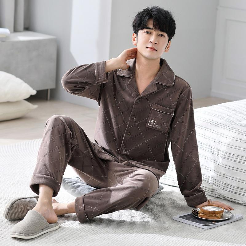 

Pajamas Men S Autumn And Winter Coral Fleece Thickened Warm Island Fleece Long Sleeve Dad Loungewear Winter Suit L
