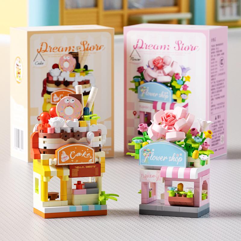 Restaurant Dessert Coffee Fruit Flower Store Snack Street View Cake Food House Building Blocks Kits Girls Bricks Model Kids Toys