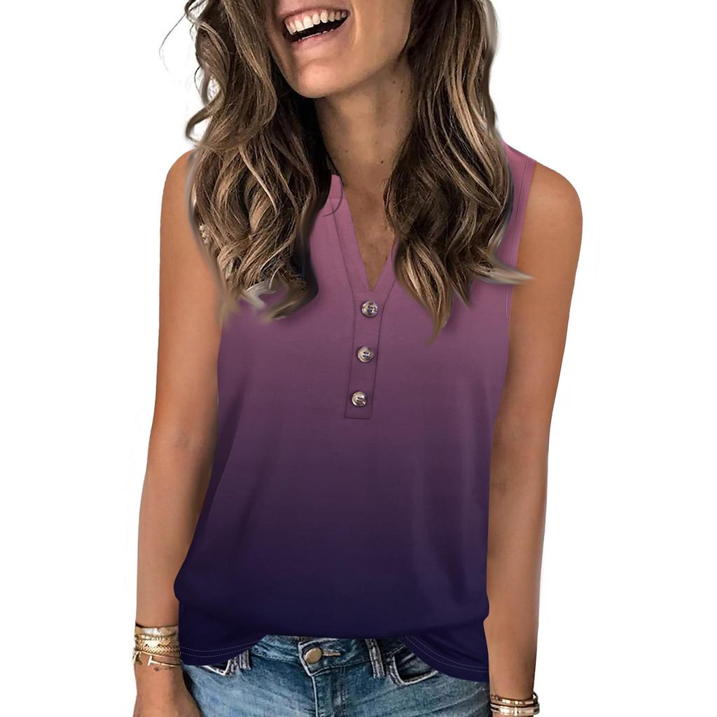 Women's Casual Fashion Summer Gradient Print Vest V-neck Sleeveless Button Top