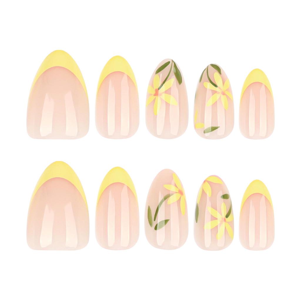 French Yellow Almond Gel Nails with Fresh Flower Design - Detachable Short Wearable False Nails