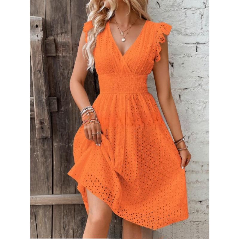 Rochie Elegantă Subțire cu Mâneci Volanate, Decolteu V, Dantelă, Femei, Talie Subțire, Casual, Decupată, Largă, Petrecere, A-line, Îmbrăcăminte Dulce pentru Femei