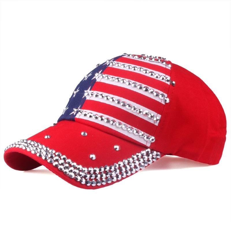 

Vintage Rhinestone American Flag Cap: Unisex Retro Outdoor Duckbill Sun Hat One Size червоний