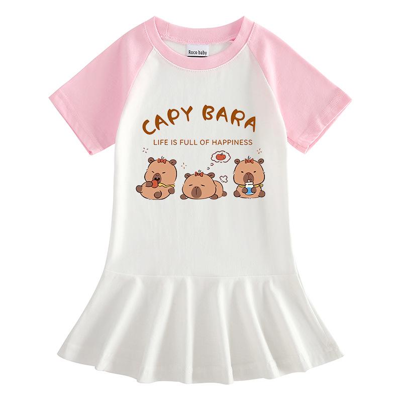Summer Cartoon Color Block Raglan Dress for Baby Girls - Short Sleeve with Ruffled Pleated Skirt