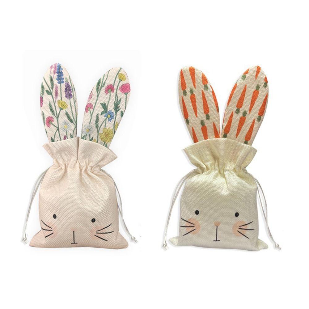 2pcs Linen Material Easter Bunny Treat Bag Rabbit Ears Design Adorable Rabbits Decor Linen Drawstring Bags Drawstring Closure
