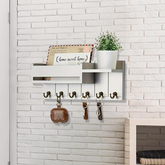 Wooden Home Key Holder with 6 Hooks Open Shelf Rustic Wall Mount Key Organizer Multi-purpose Home Office Entryway Decorative Key Hanger