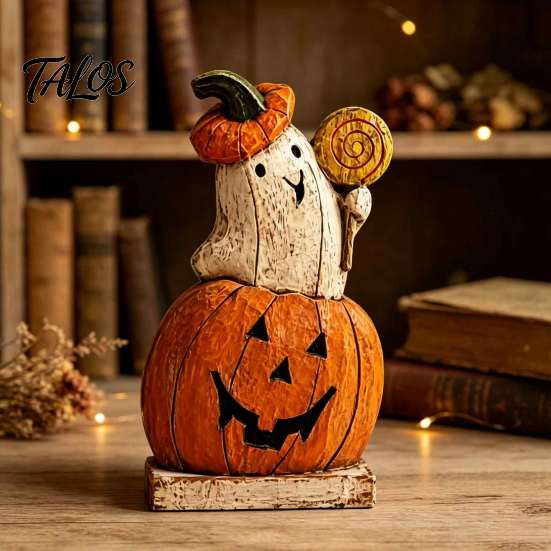 Halloween Ghost Wooden Ornaments Pumpkin Figurine, Vintage Tabletop Decor, Jack O Lantern Cute Figurines for Home Statue with Stable Base, Rustic
