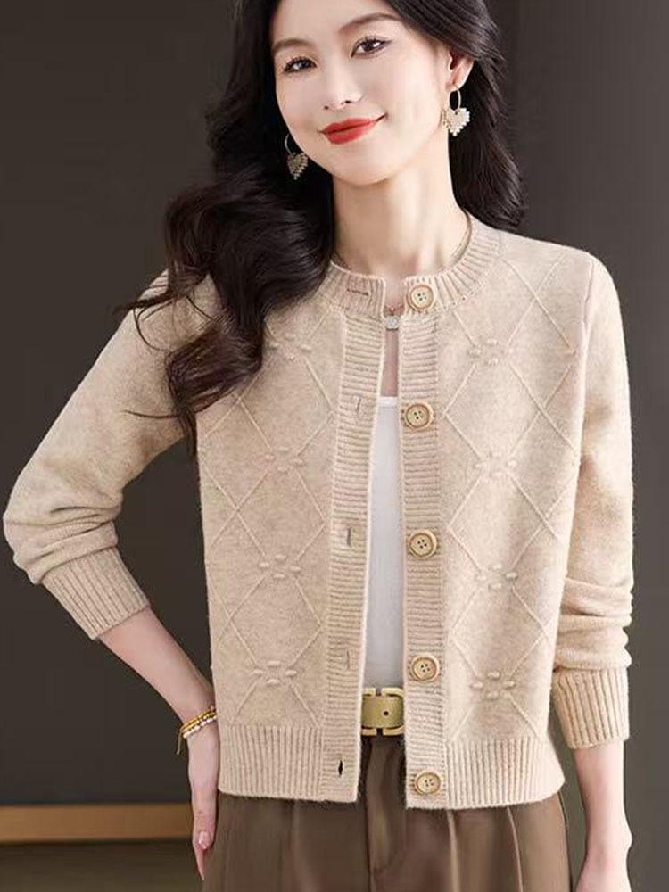 2025 Autumn/Winter Women's Short Wool Cardigan - Round Neck, Solid Color, Elegant Knit Design