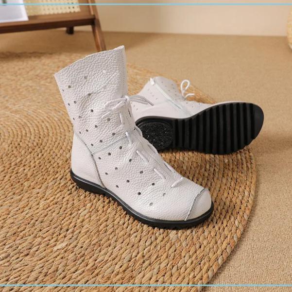 Johnature Hollow-out Breathable Mid-calf Summer Boots Comfortable Soft Soled Genuine Leather Women's Shoes