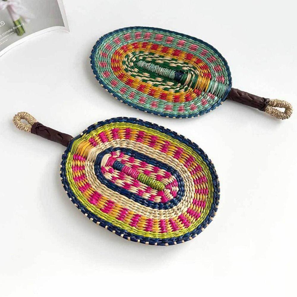 Vintage Seagrass Woven Fan Colorful Striped Patterns Summer Cooling Fan  Home Decoration