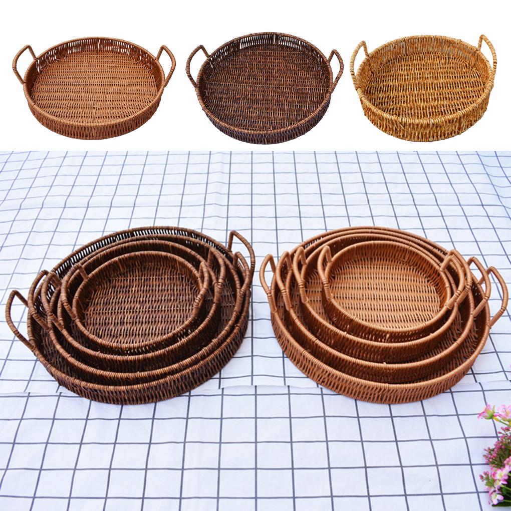 Ručně pletený podnos Kulaté úložné podnosy s rukojetí Lehká mísa na ovoce Přenosný kuchyňský úložný koš pro domácnost