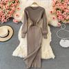 RUGOD Sexy Round Neck Knitted Slit Dress Women's New Autumn and Winter Bottoming Tight Elastic Wrap Hip Sweater Dress
