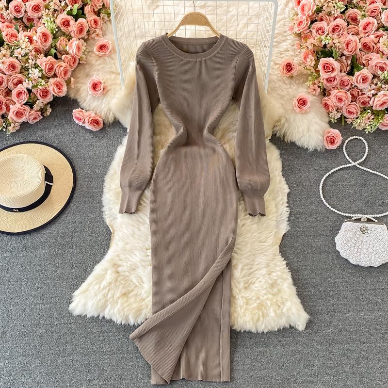 RUGOD Sexy Round Neck Knitted Slit Dress Women's New Autumn and Winter Bottoming Tight Elastic Wrap Hip Sweater Dress