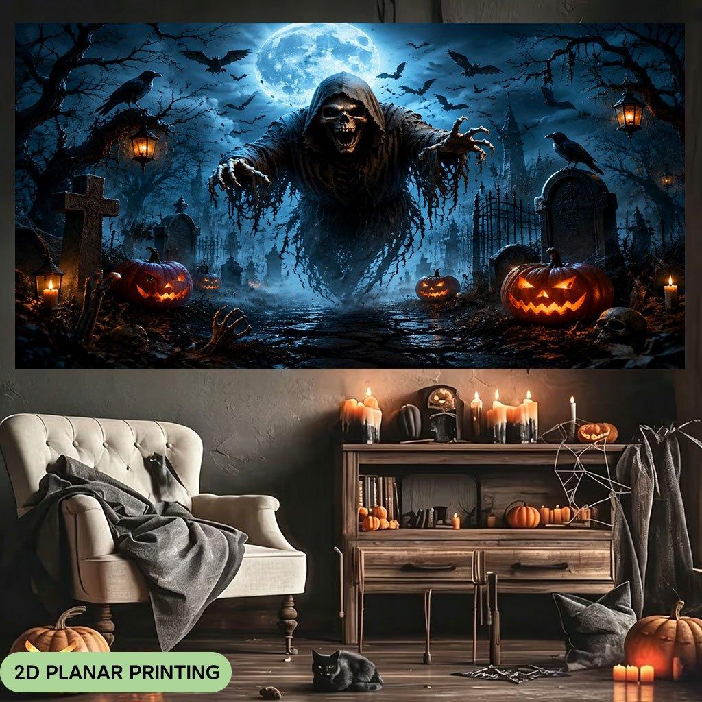 1 piece of 2D flat banner, "Ghost at the Cemetery on Halloween Night", polyester fabric background cloth.zyc