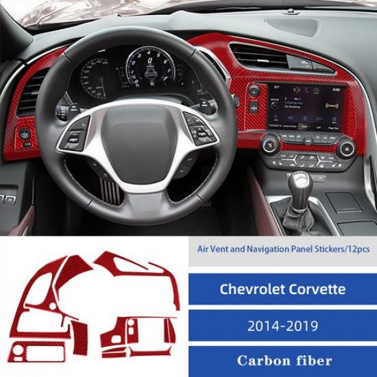 Red Carbon Fiber Front Air Vent & Navigation Panel Cover For Corvette C7 14-19