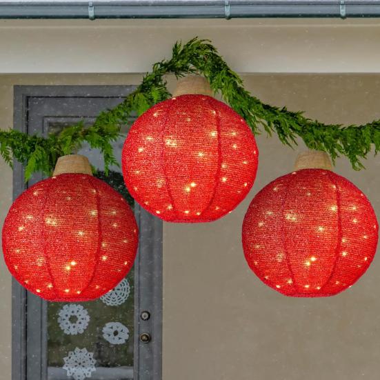 3Pcs Outdoor Hanging Christmas Light LED Illuminated Ornament Balls with 8 Lighting Modes And Timer Festive Sequin Ball for Porch Garden Decor