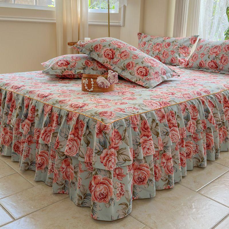 3pcs Floral Double Ruffle Bed Skirt Set, Bedroom Bedding Set 1 Bed Skirt, 2 Pillowcases (Quilt Not Included)