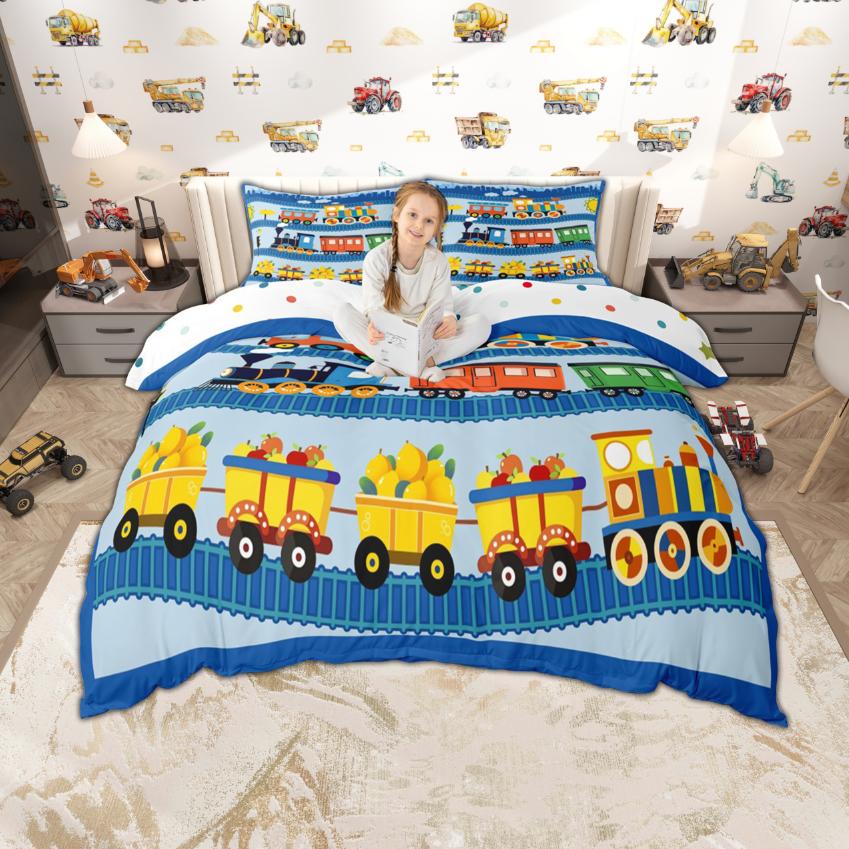 Homewish Zestaw poszewki na kołdrę dla dzieci z kreskówkowym samochodem 2 szt./3 szt., Urocza pościel z motywem pociągu, ciężarówki, traktora, Pościel z motywem transportu