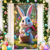 Happy Easter Cute Bunny Door Cover Backdrop Spring Garden Floral Easter Egg Background Easter Party Decoration Photo Shoot Props