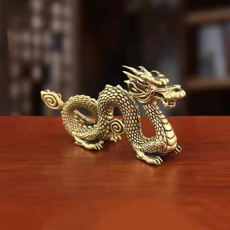Solid Brass Chinese Zodiac Dragon Statue - Desktop Ornament for Home Office, Retro Feng Shui Crafts & New Year Gifts