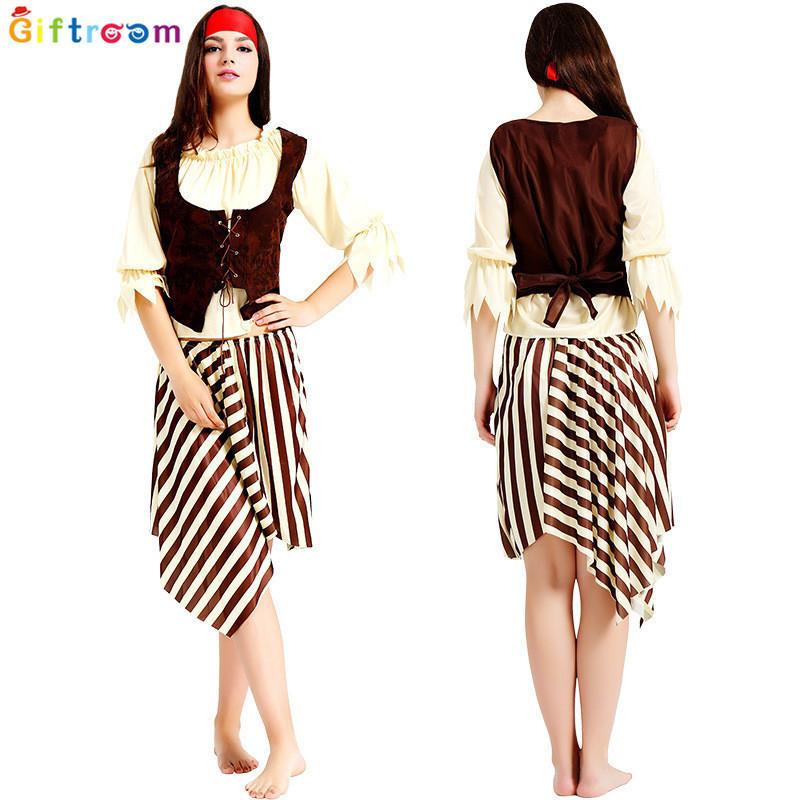 Eyecatching Beige Striped Skeleton Pirate Costume Unisex Design For Fun Halloween