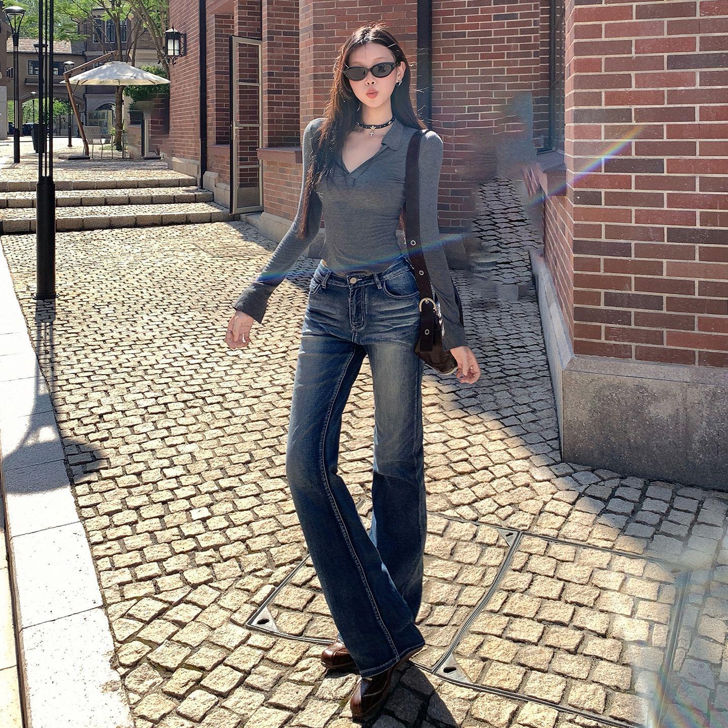 

Spicy Girl Retro Flare Jeans - Slimming Draped Horseshoe Pants for Women Extra Small