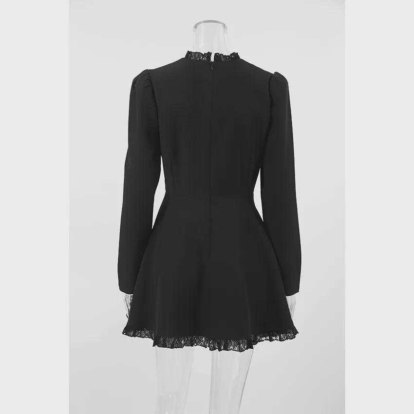 G2024 Fall/Winter Elegant Black Long Sleeve Round Neck Lace Dress
