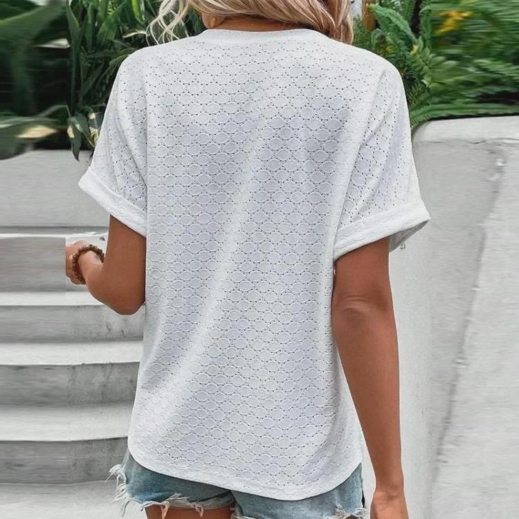 Spring Summer  Women Casual Button V Neck T Shirt Solid Color