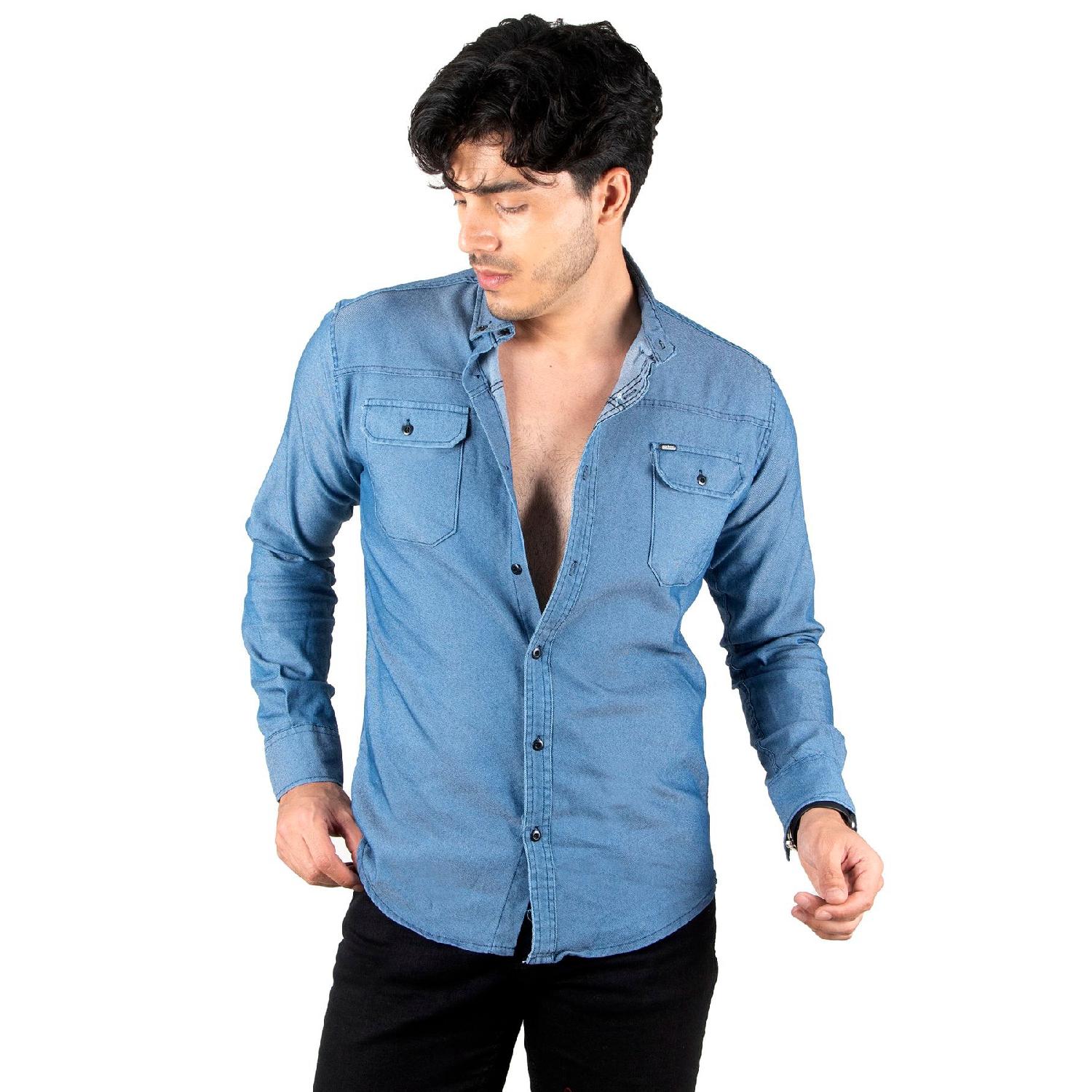 

Синяя мужская джинсовая рубашка Slim Fit с карманами и лайкрой 2301938