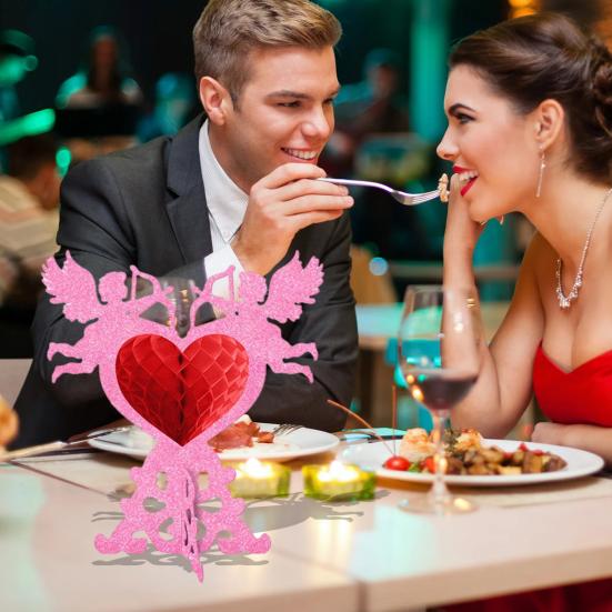 4 Stück Valentinstag Waben-Mittelstücke 3D Glitzer Amor Herzförmige Waben-Dekoration Romantisches Tischschild für Hochzeiten Valentinstag