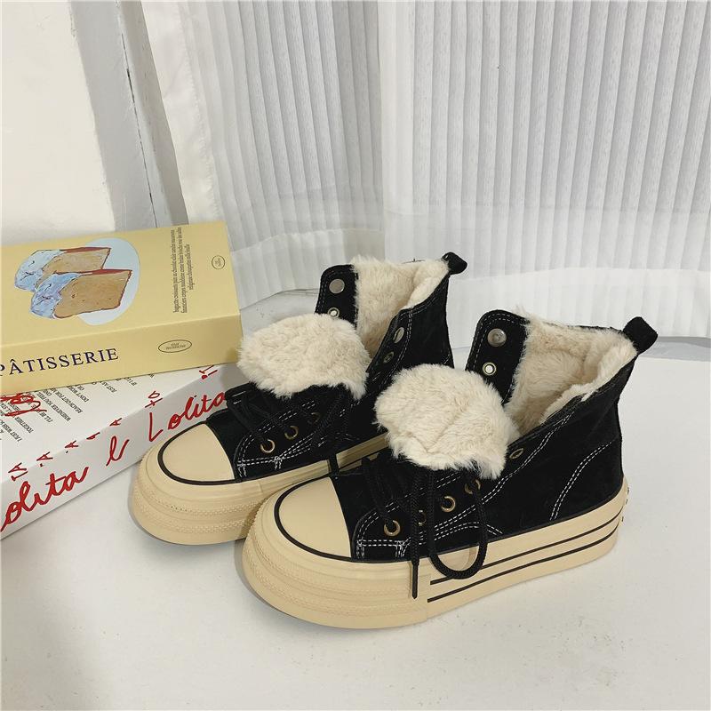 Fashion Korean High Top Sneakers for Men Classic Black White Version Ankle Boots for Women Thick Sole Trend Velvet Canvas Shoes
