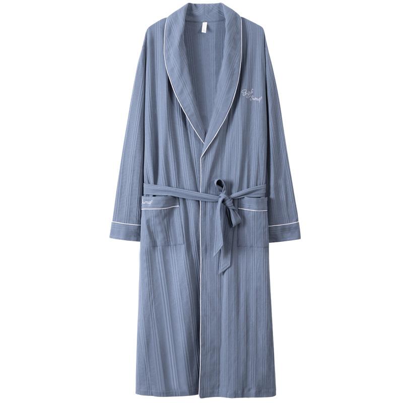 Men'S Nightgown Spring And Autumn Long-Sleeved Pure Cotton Long Bathrobe Pajamas Cotton Integrated Thin Large-Size Bathrobe Dressing Gown