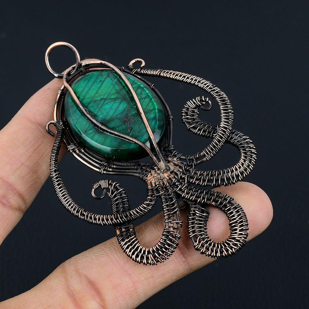 Green Flash Labradorite Pendant, Handmade Gemstone Pendant, 999 Copper Wire Wrapped Pendant Antique Jewelry, For Engagement Gift