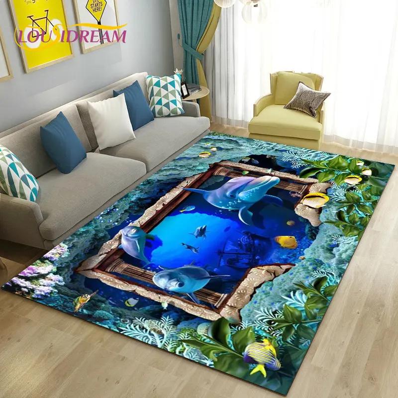 Seabed Illusion Underwater World  Dolphin Shark  Area Rug ,Carpet Rug for Living Room Bedroom Sofa Doormat Non-slip Floor Mat