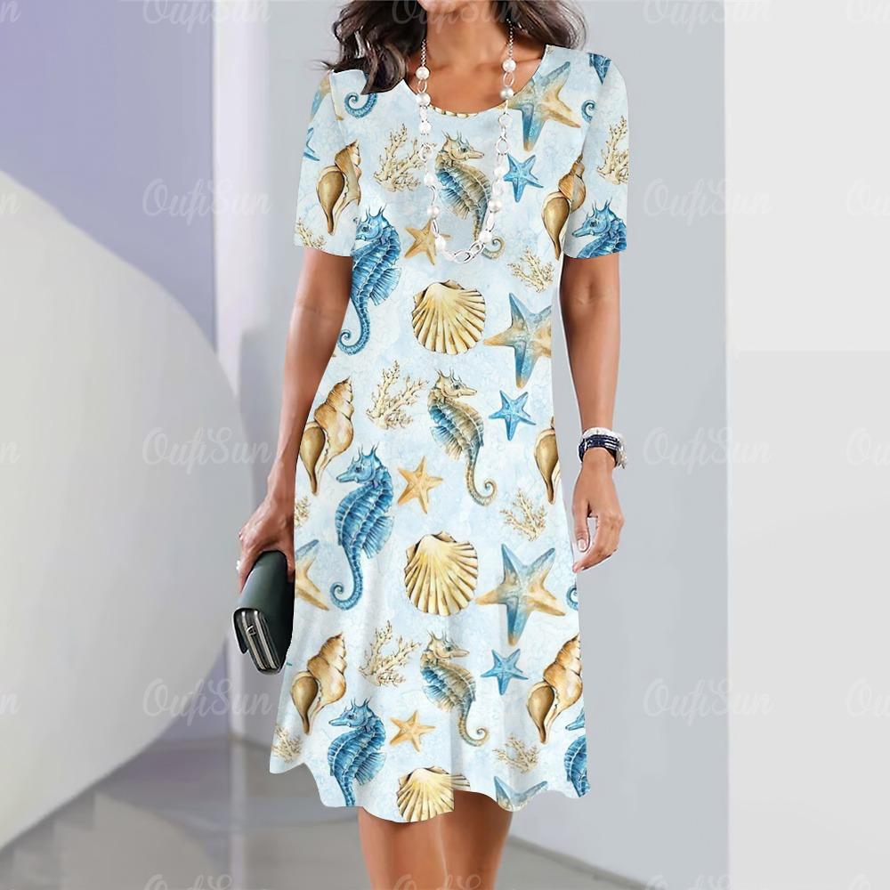 

Летнее новое женское платье, праздничное платье с принтом животных в океане, пляжное платье миди, модная женская одежда больших размеров, черепаха 5XL