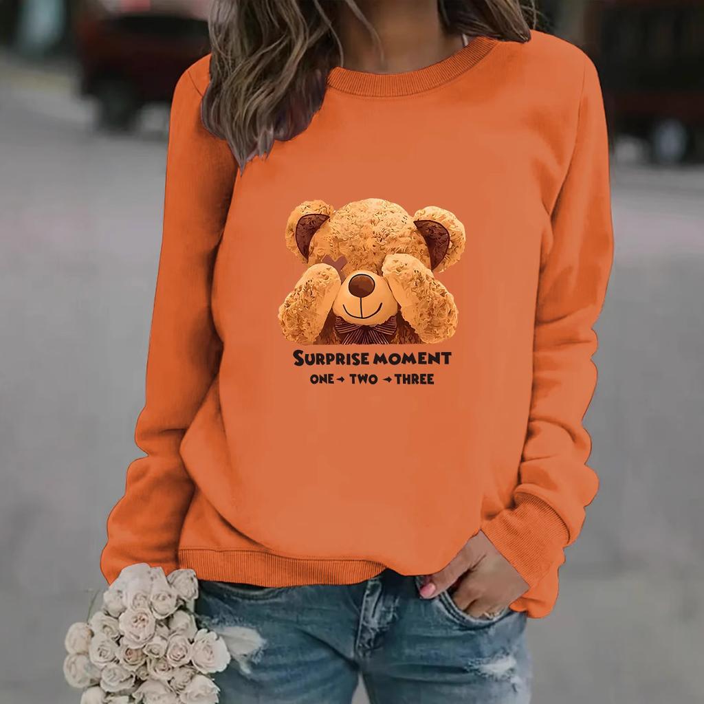 Autumn and winter women's casual long-sleeved crew neck cartoon bear print pullover sweatshirt sweater on