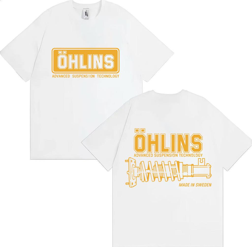 Ein stilvolles und lustiges OHLINS Motorrad-Stoßdämpfer-Muster 2025 Sommer-Druck 100% reine Baumwolle Locker Lässig Retro T-Shirt