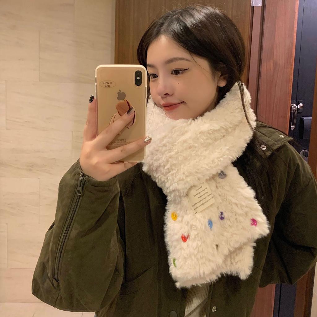 Korean Style Fashion Button Plush Thickened Scarf for Female Students in Winter Thickened and Warm Versatile Stylish and Trendy Scarf for Students