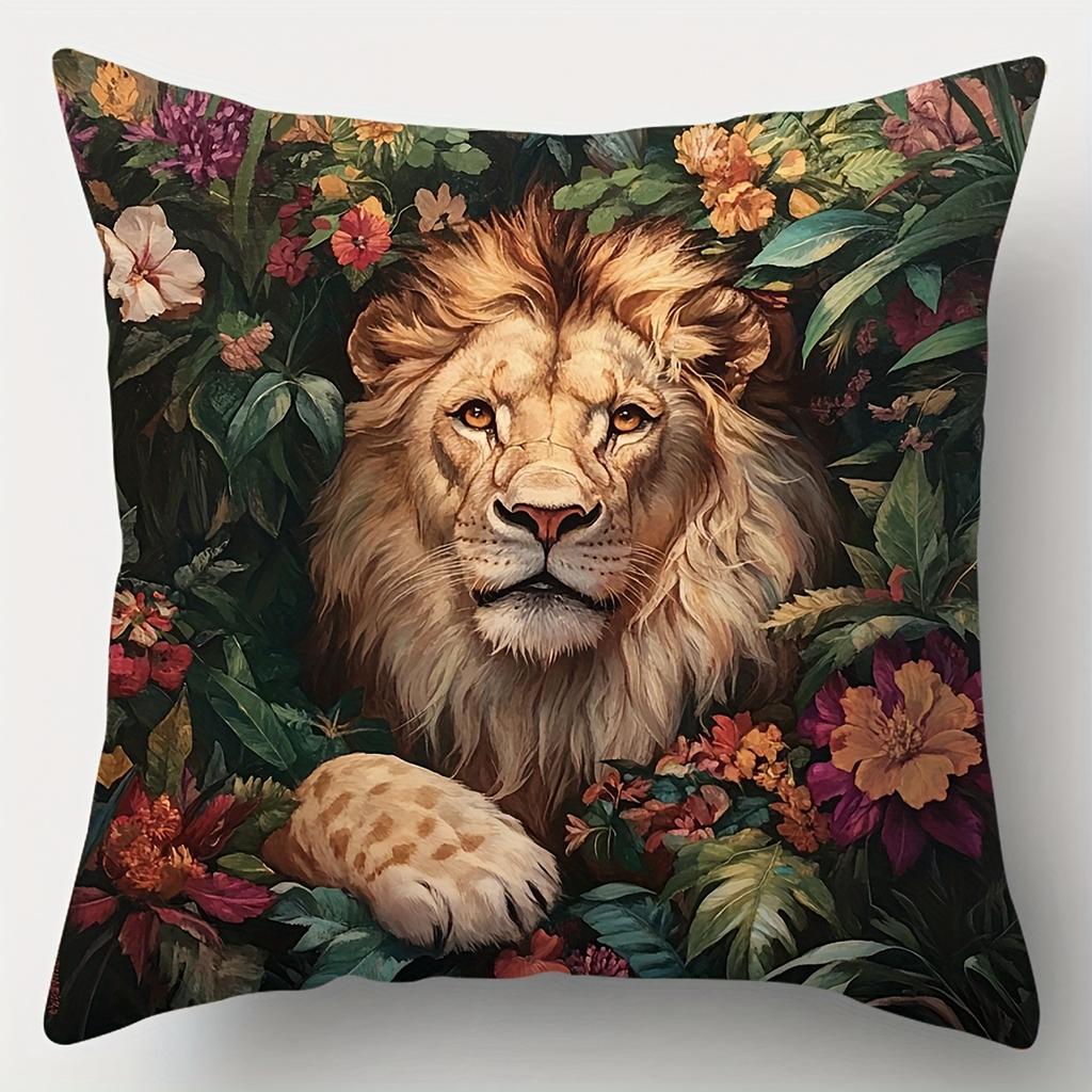 1Pc With Printed Pillowcases Featuring Designs Of A Forest, Tiger, Wolf, Lion, Leopard, Flowers(Pillow Inserts Not Included)