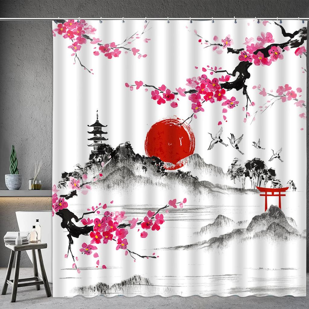Asian Shower Curtain Japanese Traditional Black and White Mt. Fuji Cherry Blossom Fish Waves Red Sun Octopus Bathroom Decoration
