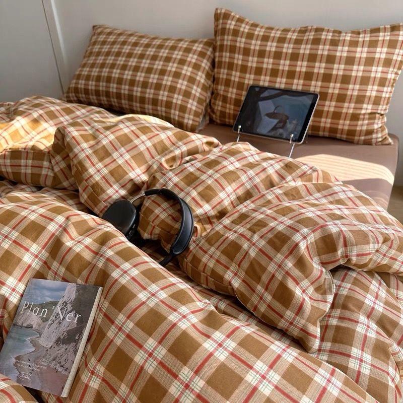 INS Girls Retro Bedding Sets 2025 New British Style Bed Sheet Set Women Plaid Queen Size Duvet Cover Sets With Pillowcases