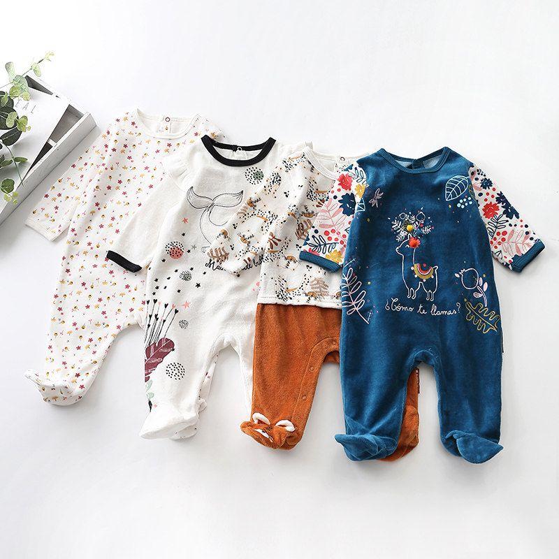 French-Style 6-36m Baby Spring and Autumn Velvet Whale Floral Back-Opening Footed Romper Infant Alpaca One-Piece Crawling Suit