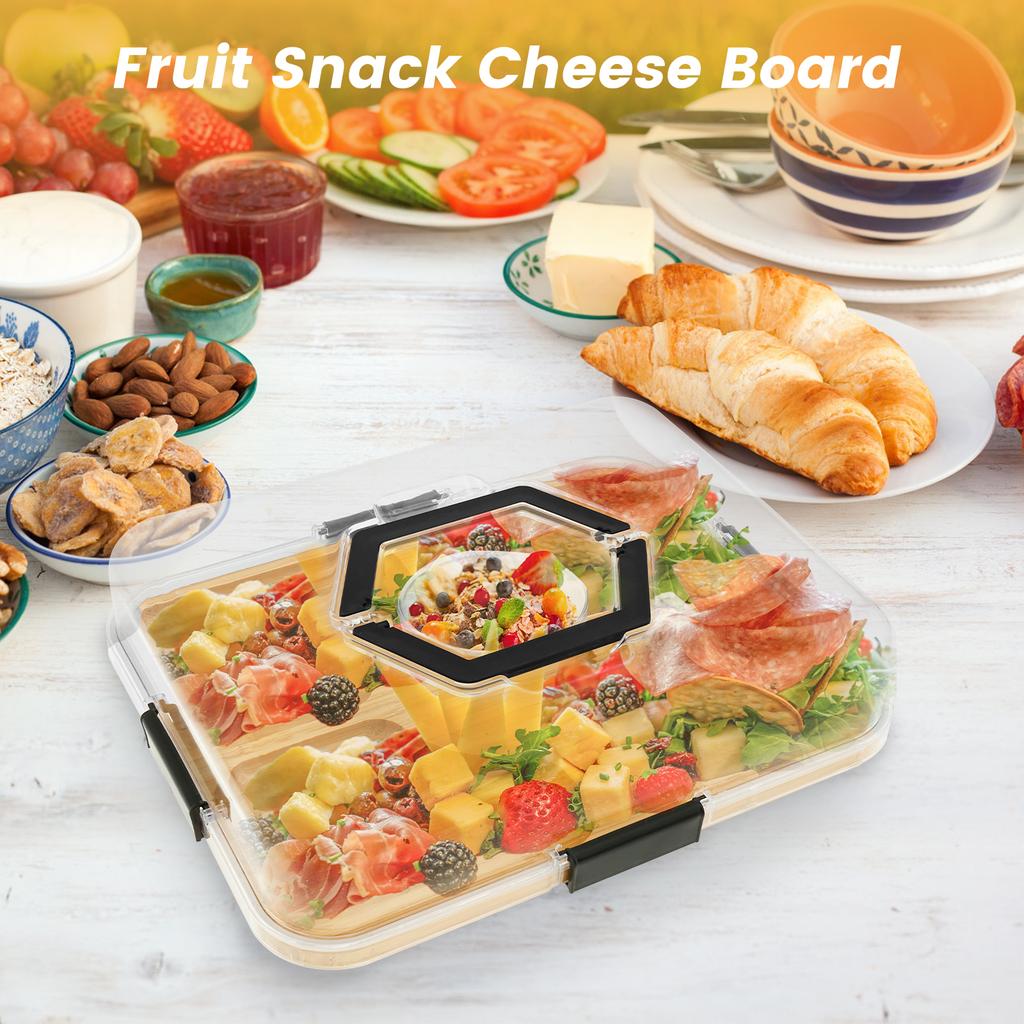 5/6 Grids Wooden Charcuterie Board with Clear Lid Portable Cheese Board Box with handle Snack Fruit Tray Outdoor Ccamping pinnic